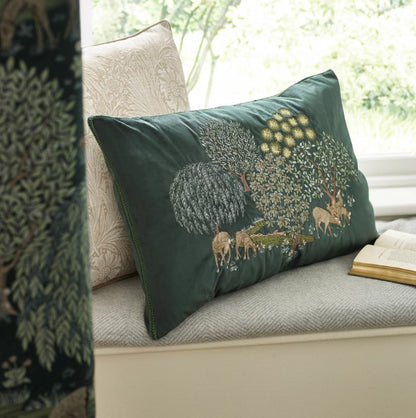 Brook Embroidered Velvet Cushion Forest Green