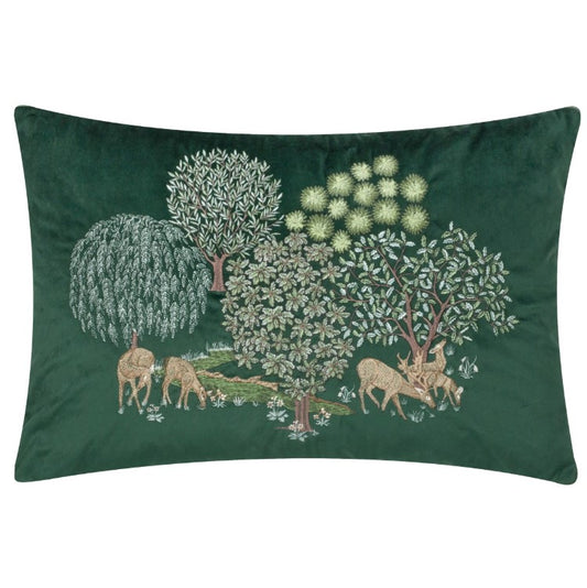 Brook Embroidered Velvet Cushion Forest Green