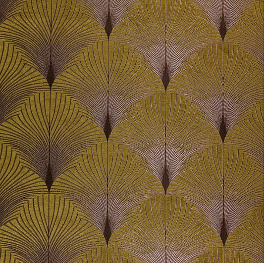 Jazz Cental art deco fabric in chenille with intricate gold and yellow fan pattern, ideal for upholstery and elegant home décor.