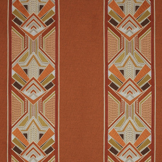 Chrysler Art Deco Amber embroidered fabric with intricate geometric stripe patterns in warm amber tones, ideal for luxurious upholstery or decor.