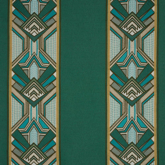 Chrysler Art Deco Emerald fabric featuring intricate embroidered geometric stripe patterns in teal, gold, and cream on opulent velvet.