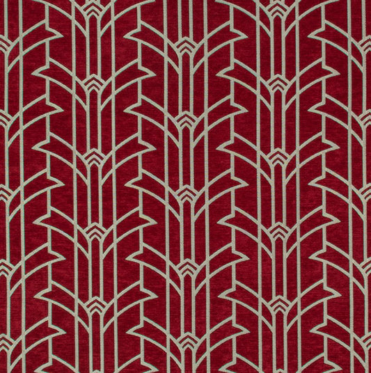 Rhythm Cole Art Deco fabric in luxury chenille with a bold geometric pattern in red and silver tones, ideal for crafting and upholstery.