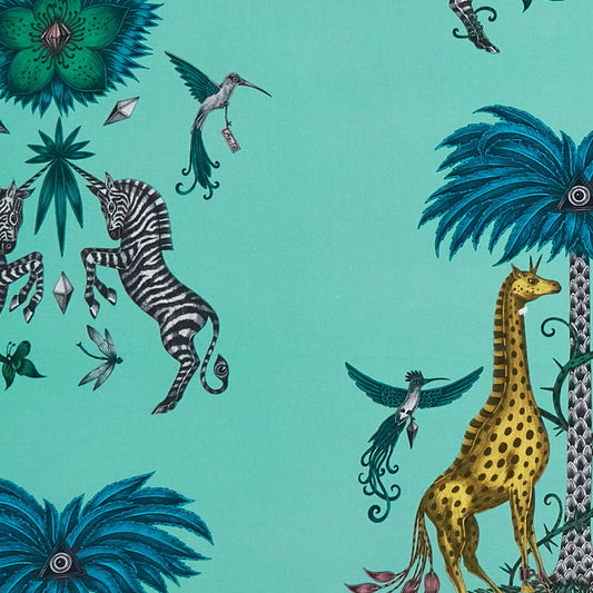 Emma J Shipley Creatura Cotton Satin Turquoise Fabric featuring whimsical giraffes, zebra unicorns, and exotic foliage in vibrant turquoise tones, ideal for upholstery and curtains.