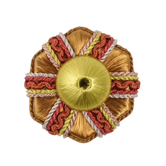 Decorative rosette with multicolored yarn design on a white background