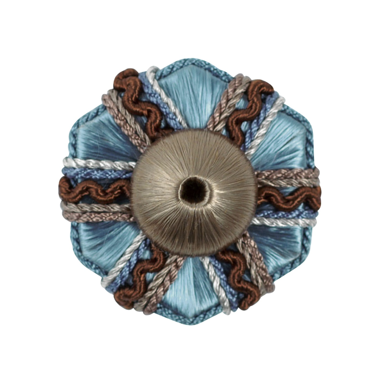 Decorative rosette with blue and brown patterns on a white background