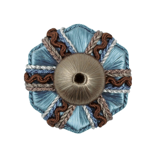Decorative rosette with blue and brown patterns on a white background