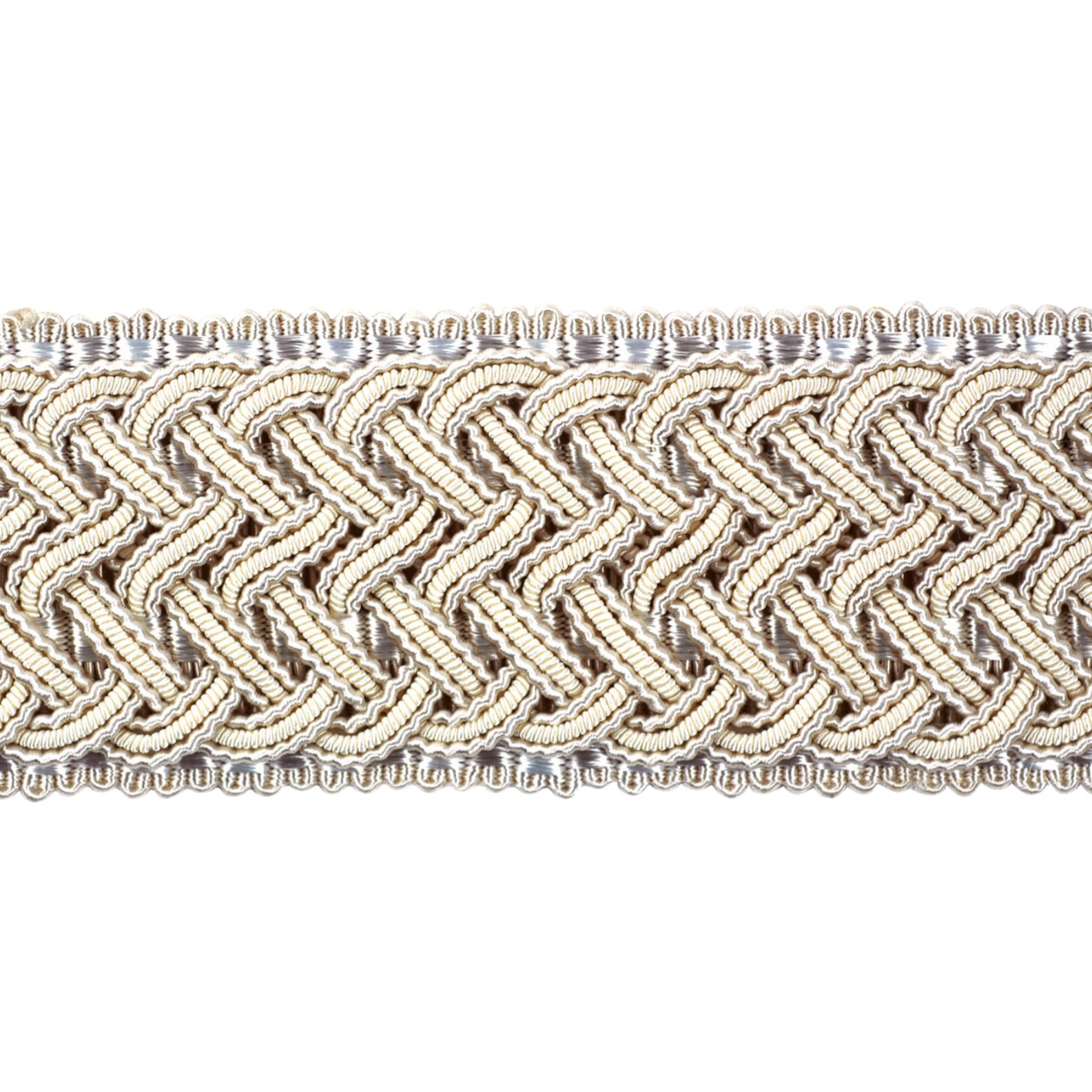 Close-up of braided beige trim on a white background