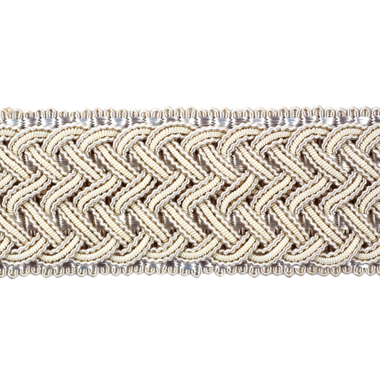 Close-up of braided beige trim on a white background