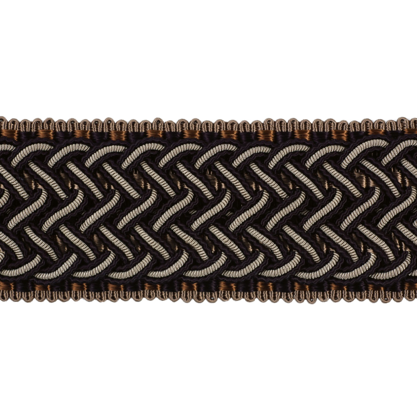 Close-up of woven ribbon with black and beige pattern on a white background