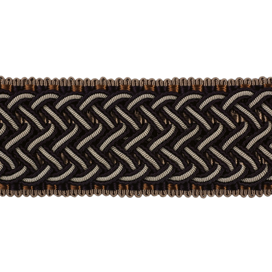 Close-up of woven ribbon with black and beige pattern on a white background