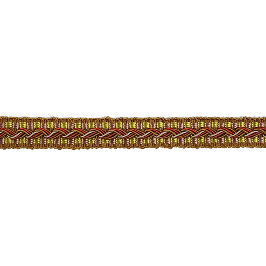 Braided decorative gimp trim with gold and red pattern on a white background