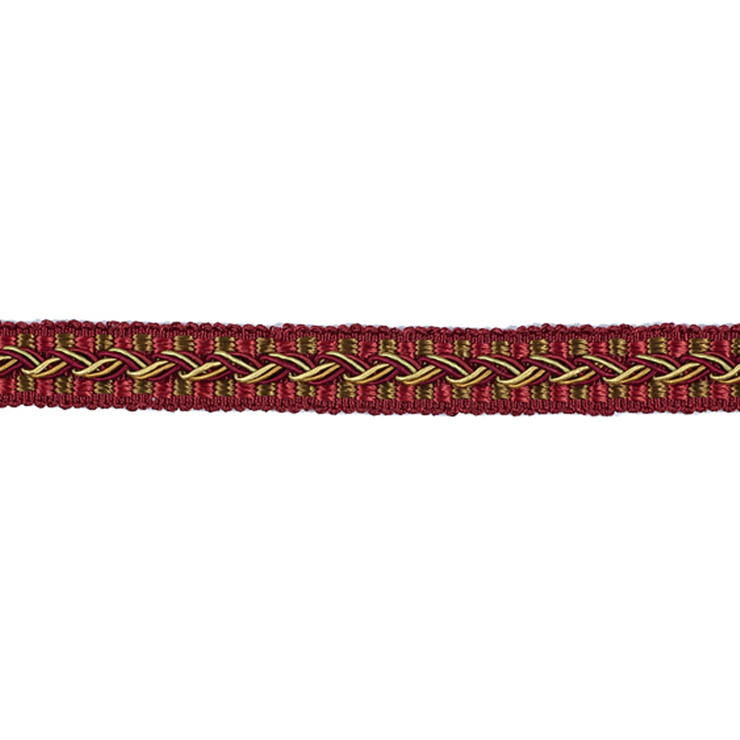 Braided red and gold gimp trim on a white background