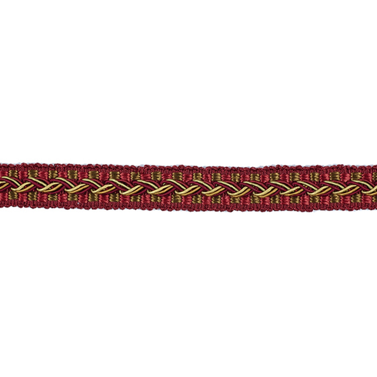 Braided red and gold gimp trim on a white background
