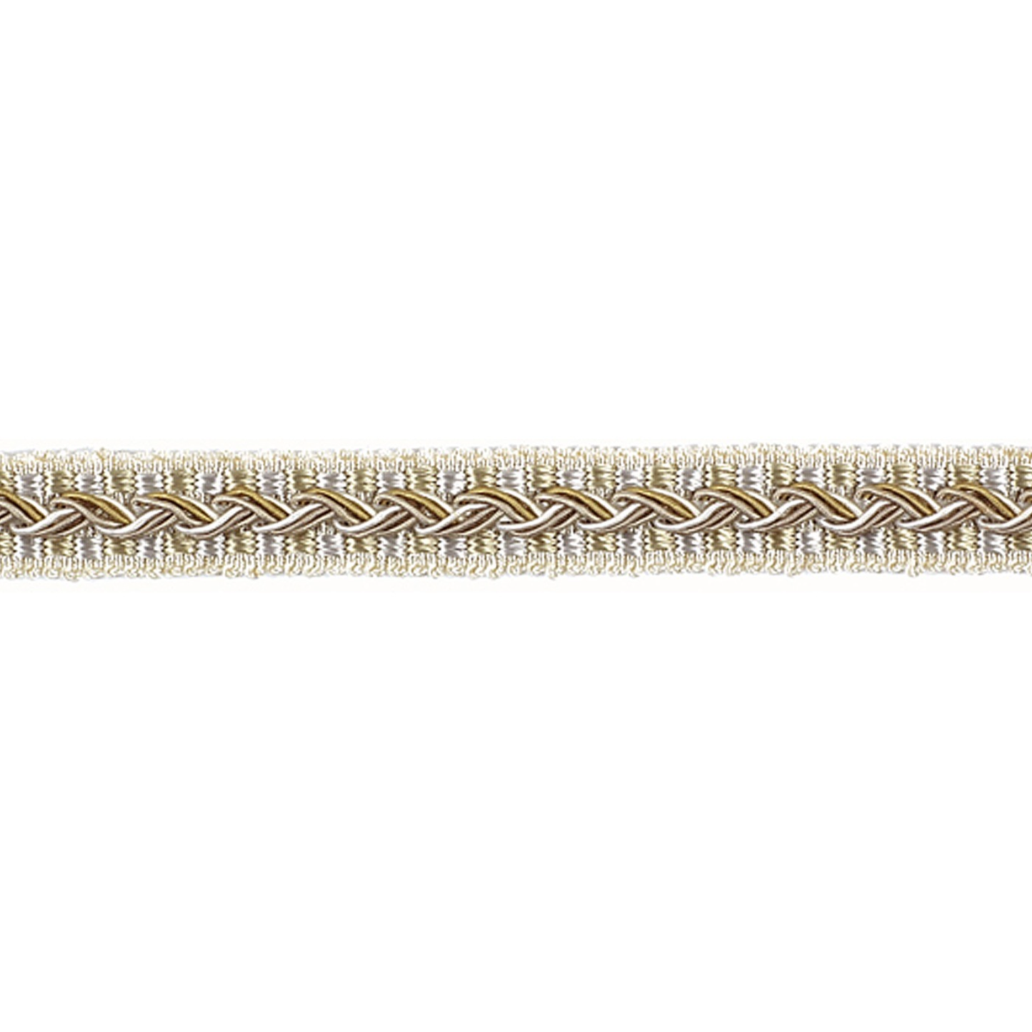 Braided gimp trim with gold and beige colours on a white background