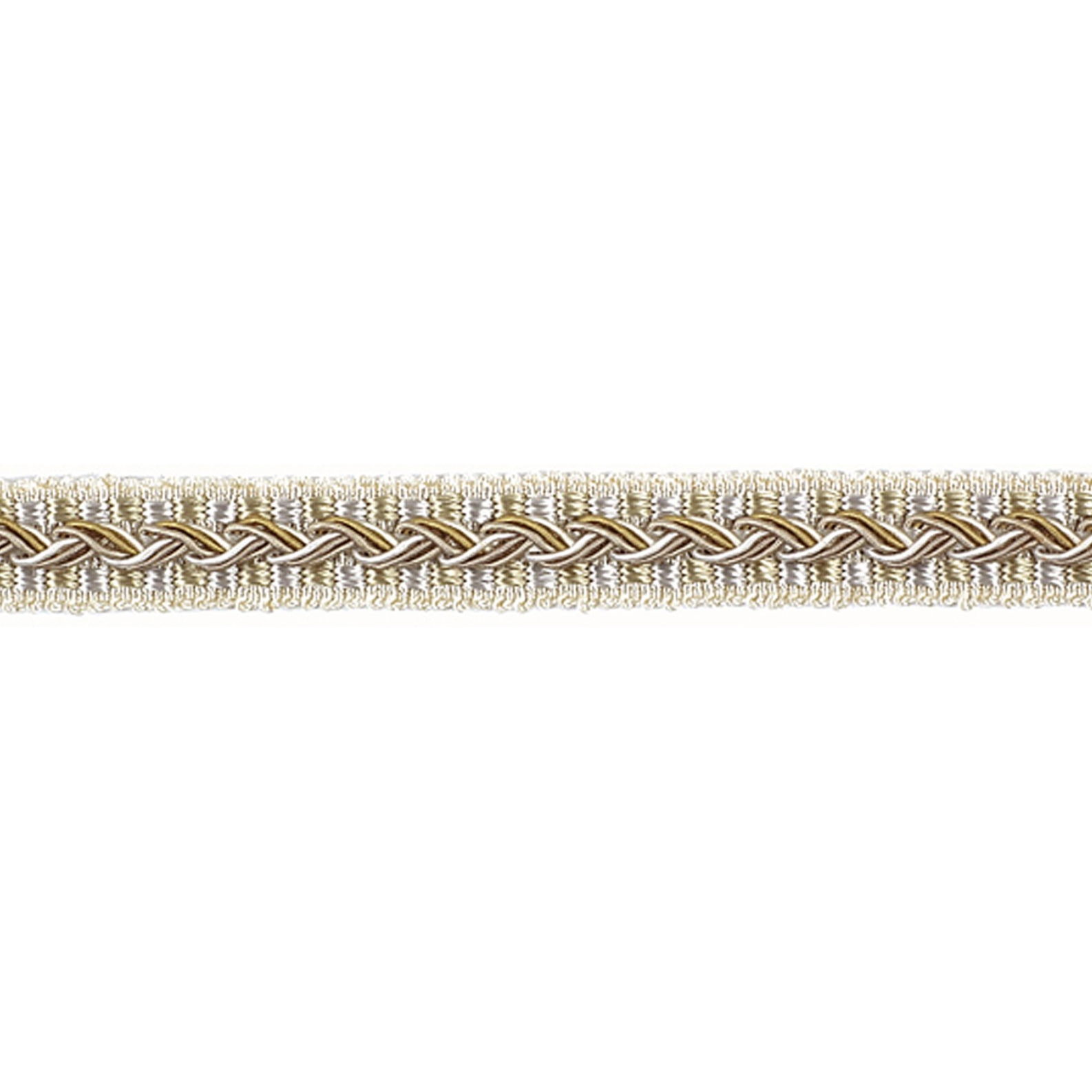 Braided gimp trim with gold and beige colours on a white background