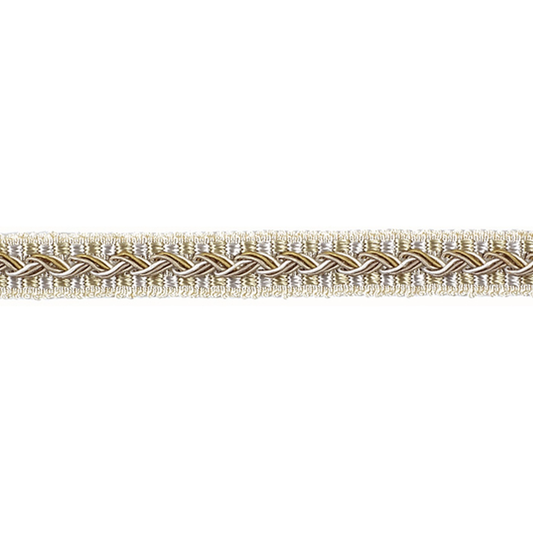 Braided gimp trim with gold and beige colours on a white background