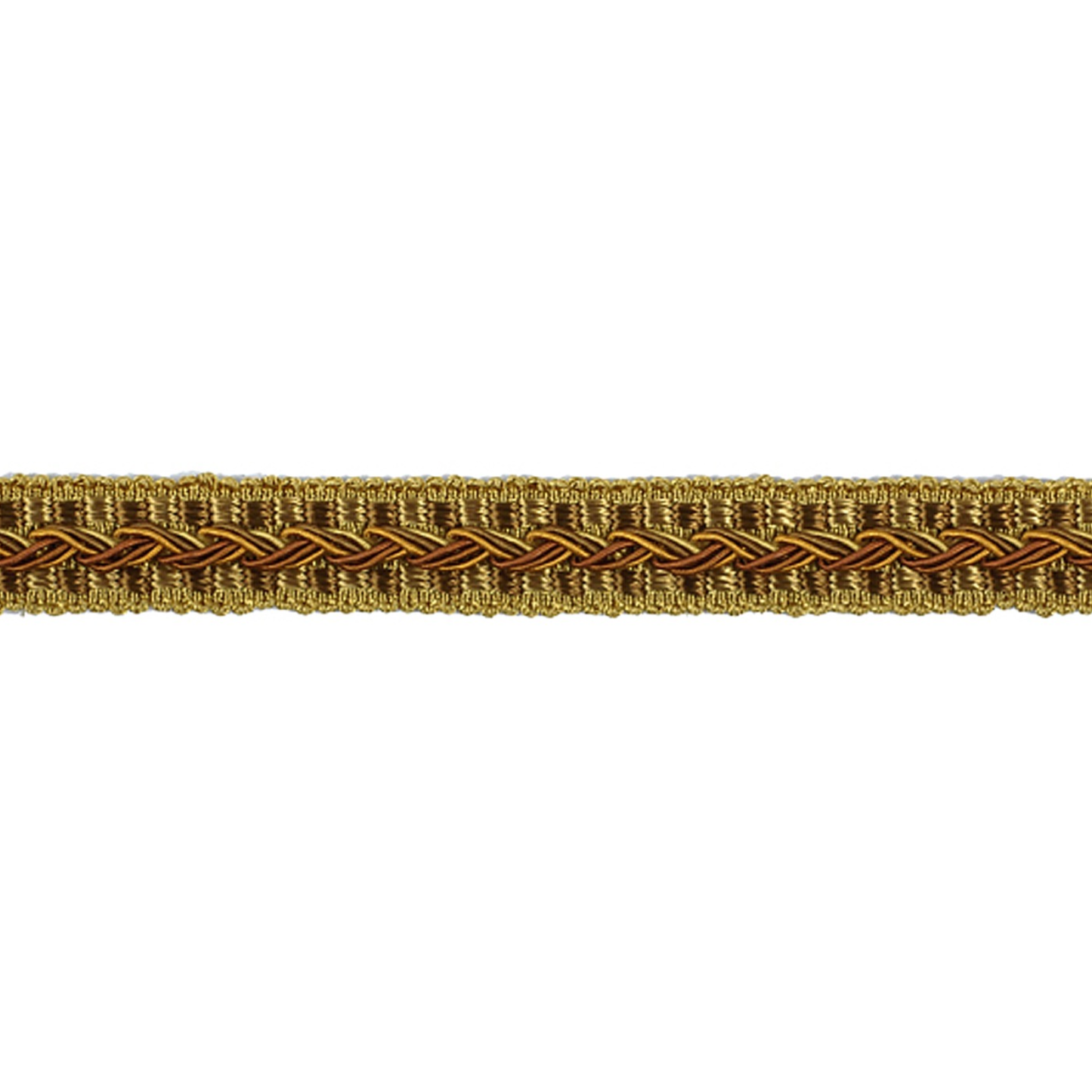 Gold and brown braided gimp trim on a white background