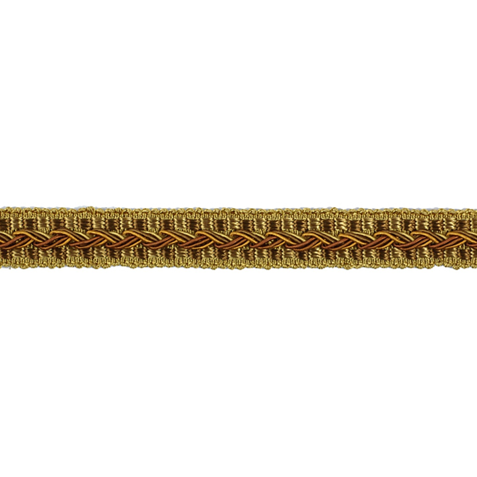 Gold and brown braided gimp trim on a white background