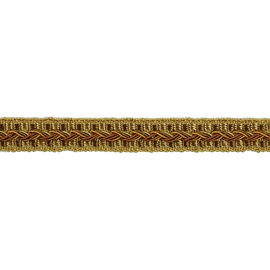 Gold and brown braided gimp trim on a white background