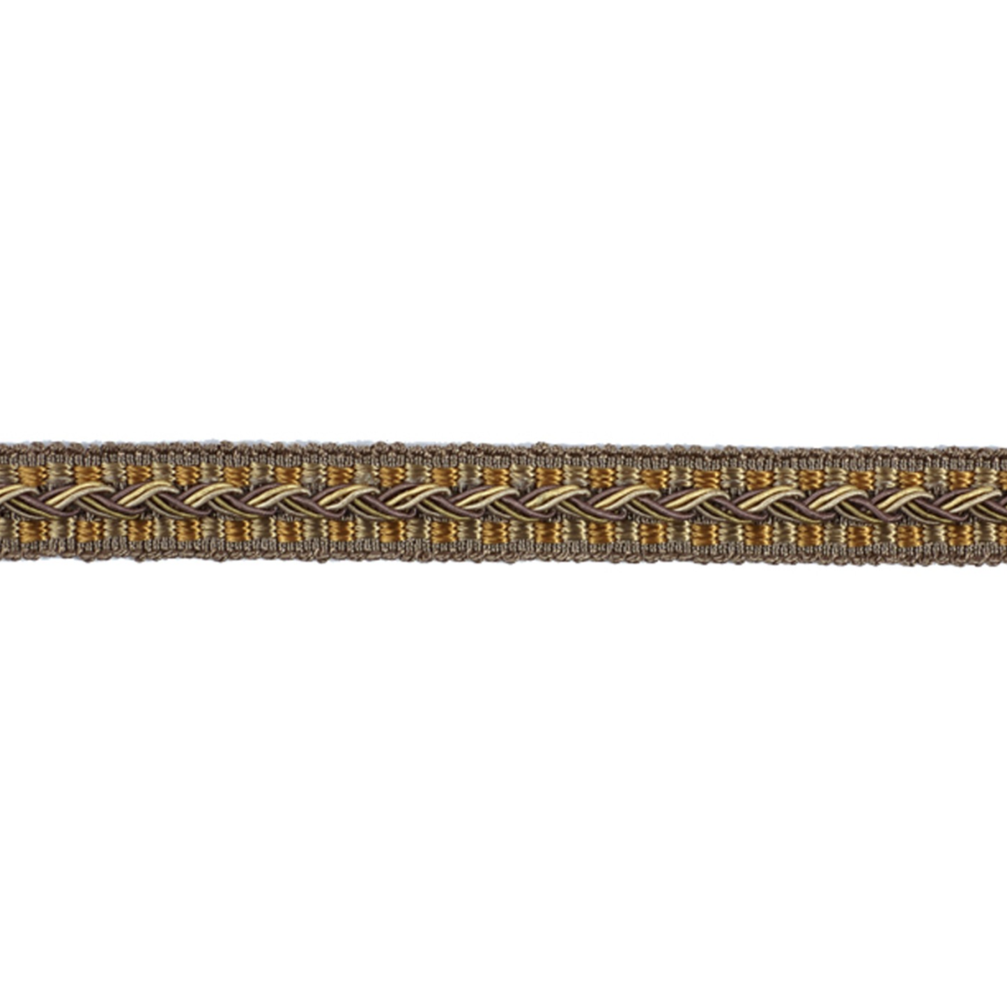 Braided gimp trim with gold and heather pattern on a white background