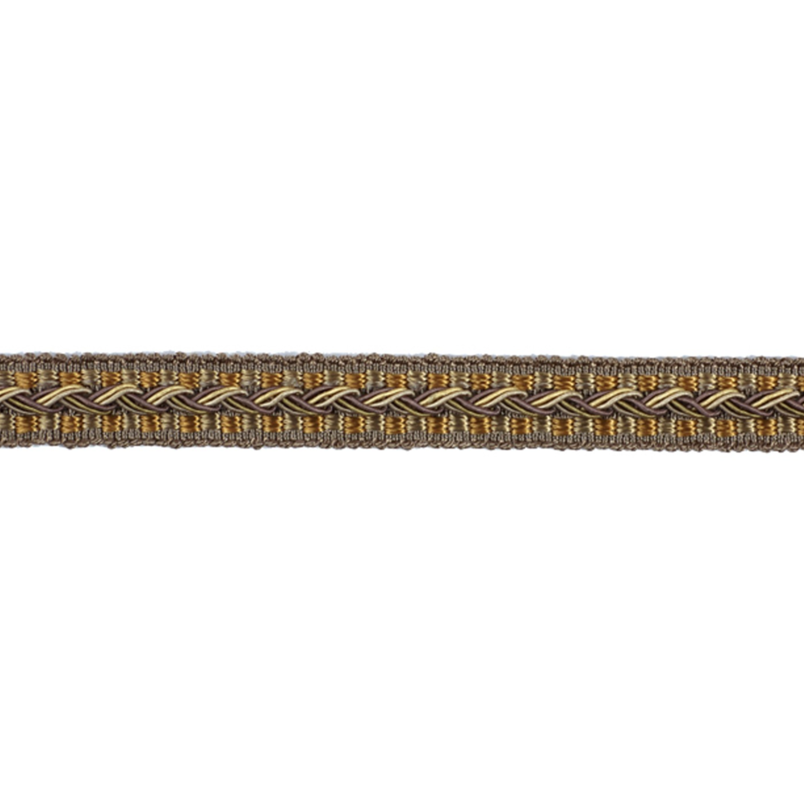 Braided gimp trim with gold and heather pattern on a white background