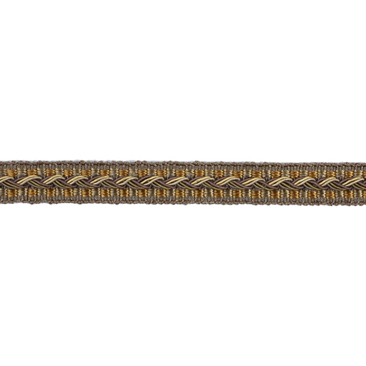 Braided gimp trim with gold and heather pattern on a white background