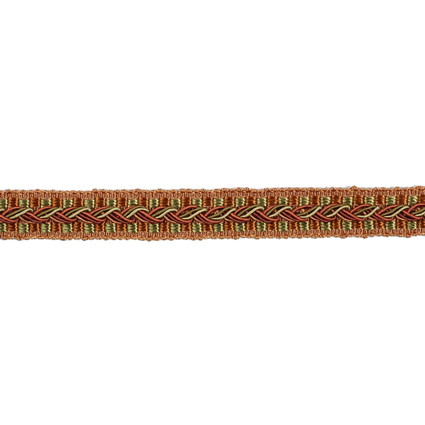 Decorative gimp trim with braided pattern on a white background