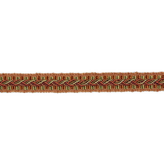 Decorative gimp trim with braided pattern on a white background