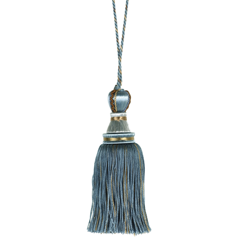 Decorative key tassel with blue and gold colors on a white background