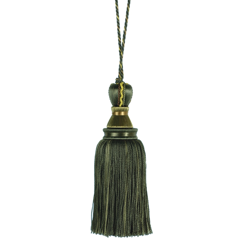 Green key tassel with a gold accent on a white background