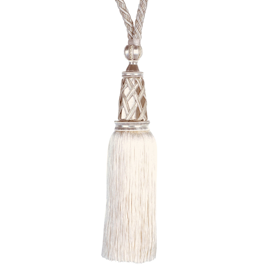 Decorative tassel tieback with braided design on a white background