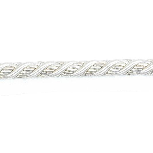 Close-up of a silver braided piping cord on a white background