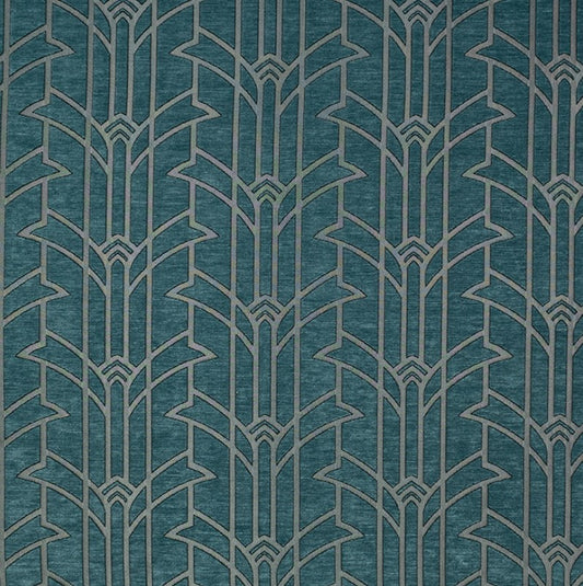 Rhythm Dizzy Art Deco fabric in luxury chenille with a geometric pattern in green, silver, and turquoise tones. Ideal for crafting and upholstery.