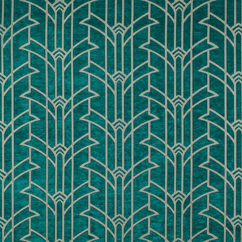 Rhythm Duke Art Deco fabric in luxury chenille with a geometric silver pattern on a turquoise background, ideal for crafting and upholstery.