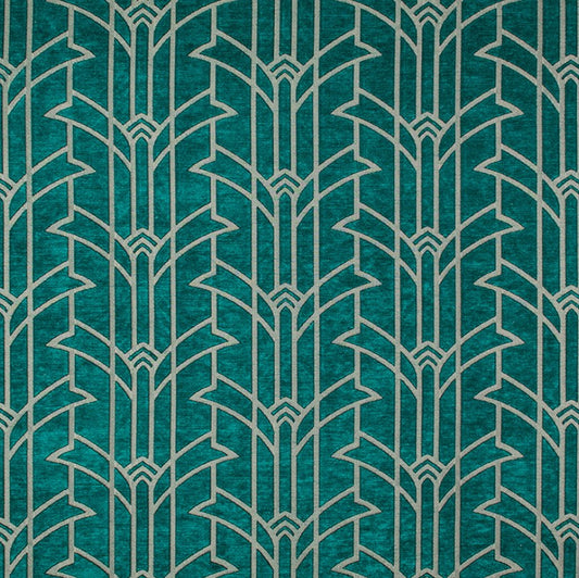 Rhythm Duke Art Deco fabric in luxury chenille with a geometric silver pattern on a turquoise background, ideal for crafting and upholstery.