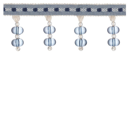 Encanto beaded fringe in denim blue with double bead design and narrow header, ideal for blinds and curtain accessories in home décor.