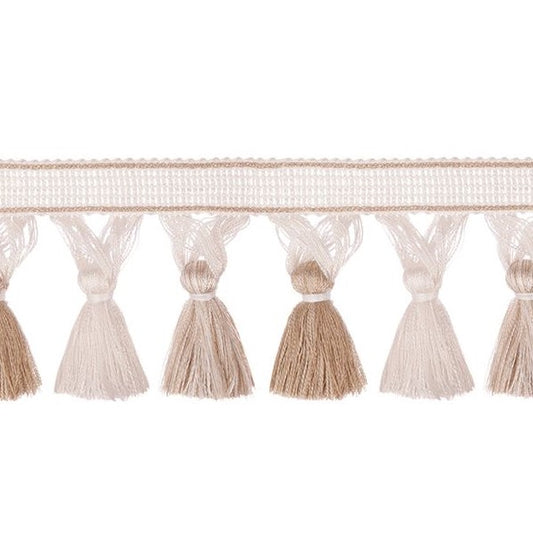 Encanto cream tassel fringe with decorative trim featuring alternating cream and beige tassels, ideal for curtain embellishments and fabric treatments.