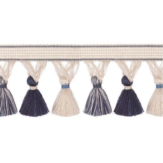 Encanto Denim Tassel Fringe featuring alternating navy and cream tassels on a woven trim, ideal for fabric embellishments in home decor.