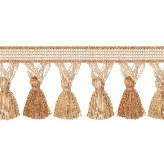 Encanto Gold Tassel Fringe decorative trim featuring elegant gold and beige tassels, ideal for fabric treatments and curtain embellishments.