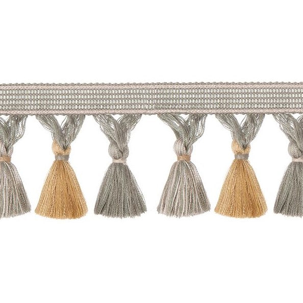 Encanto Thyme Tassel Fringe in soft green and gold tones, perfect for decorative trim and fabric embellishments in home decor projects.