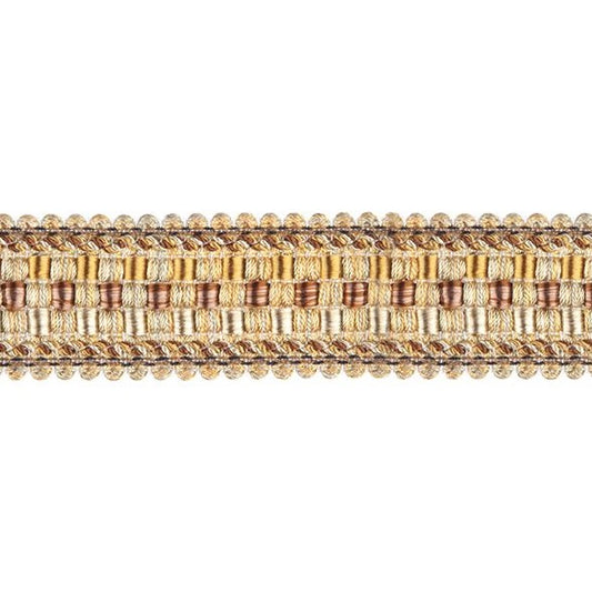 Florence Braid Trim Bronze featuring intricate woven patterns in gold and bronze tones, ideal for curtain embellishments and fabric customisation.