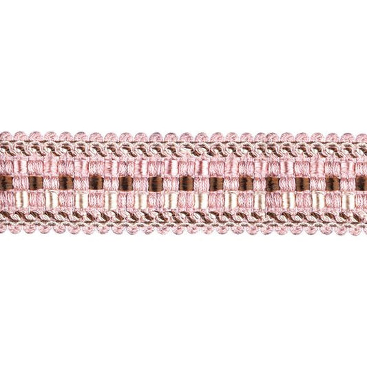 Encanto beaded fringe trim in chalk pink with intricate braid detailing, ideal for curtain accessories and fabric customisation.