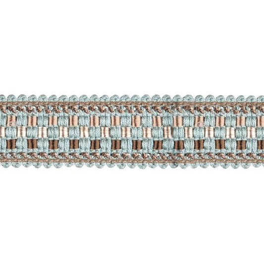 Encanto beaded fringe trim in duck egg colour with intricate braid detailing, perfect for curtain accessories and fabric embellishments.