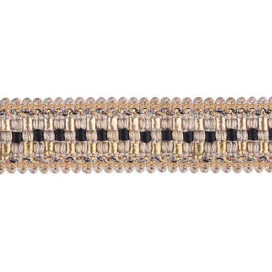 Encanto Beaded Fringe Trim in mushroom colour with intricate braid design, ideal for curtain accessories and fabric embellishments.