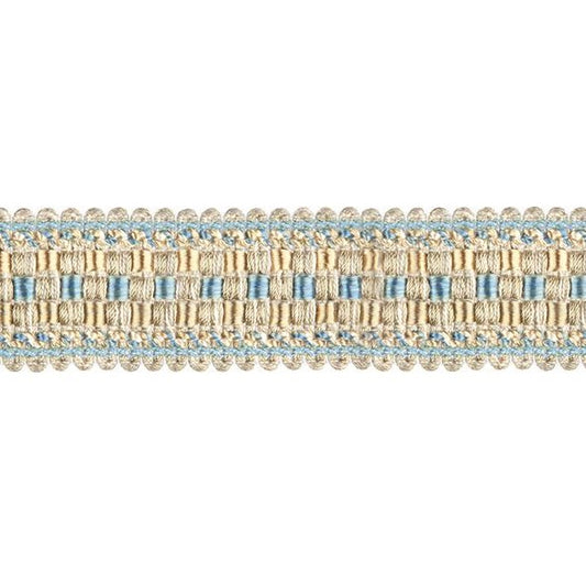 Encanto beaded fringe trim in sky blue and beige tones, ideal for curtain embellishments and fabric customisation in home décor.