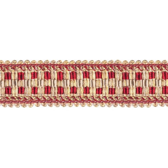 Florence Braid Trim Wine in red and gold tones, ideal for curtain embellishments and fabric treatments in home décor projects.