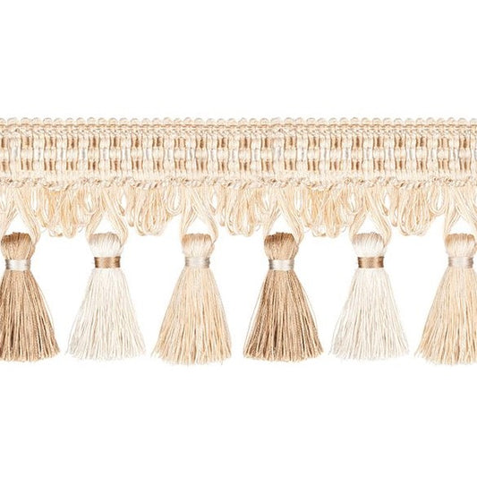 Florence Tassel Fringe Beige decorative trim with intricate woven design and beige tassels, ideal for curtain embellishments and fabric treatments.