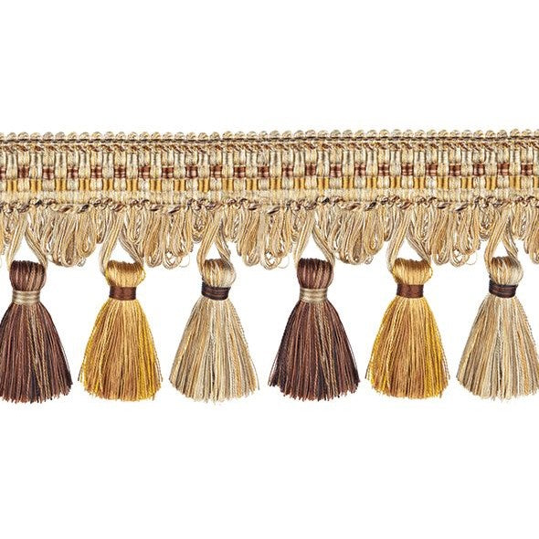 Florence Tassel Fringe Bronze decorative trim with intricate woven design and multi-coloured tassels in brown, gold, and beige tones. Ideal for curtain embellishments and fabric treatments.