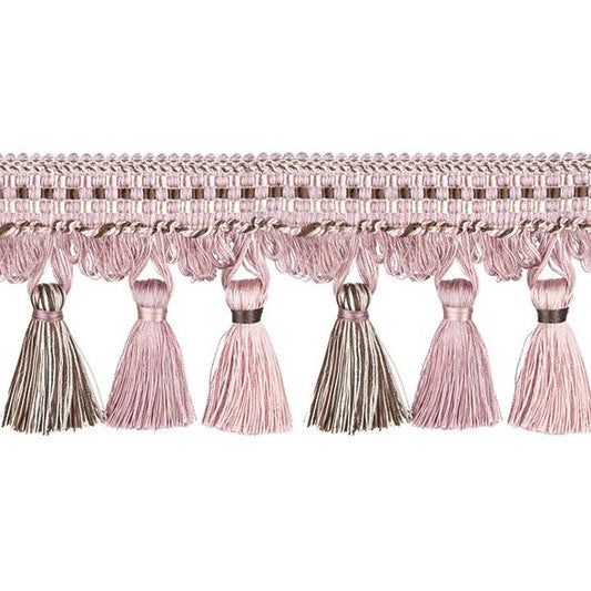 Florence Tassel Fringe Chalk Pink decorative trim with intricate woven detailing and soft tassels, ideal for curtain and fabric embellishments.