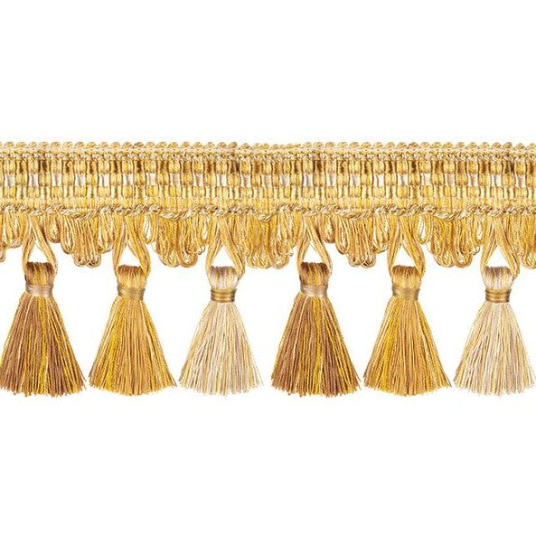 Florence Tassel Fringe Gold decorative trim with intricate gold threading and multi-tone tassels, ideal for curtain embellishments and fabric treatments.